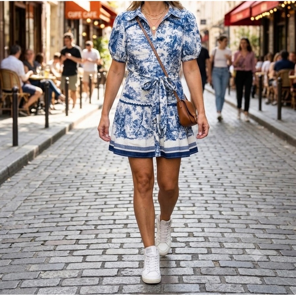 Umgee Blue White Toile Print Puff Sleeve Mini Shirt Dress Tiered Lace Trim M